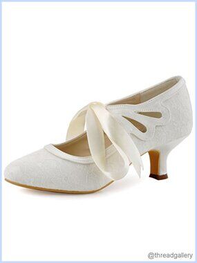 2 Inch Mary Jane Lace Wedding Heels Closed Toe Ribbon Tie Bridal Pumps